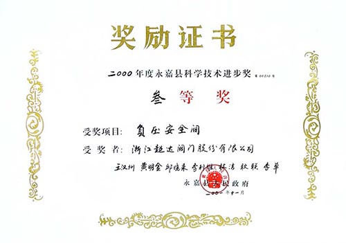 永嘉縣科學(xué)技術(shù)進(jìn)步三等獎(jiǎng)-負(fù)壓安全閥